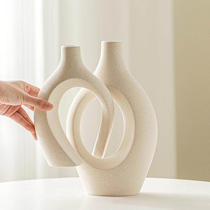 Lvases Snuggle Hollow Ceramic Vase Set of 2, Boho ins Style Round Nordic Mid Century Modern Aesthetic Decorative Vase for Home Decor (Cream W 6.8" X H 11") - Image 4
