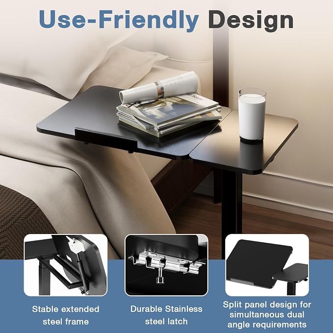 Adjustable Standing Desk Rolling Laptop Table with Wheels, Black | Tiltable Desktop Design for Comfortable Work, Reading and Study Spaces - Image 7