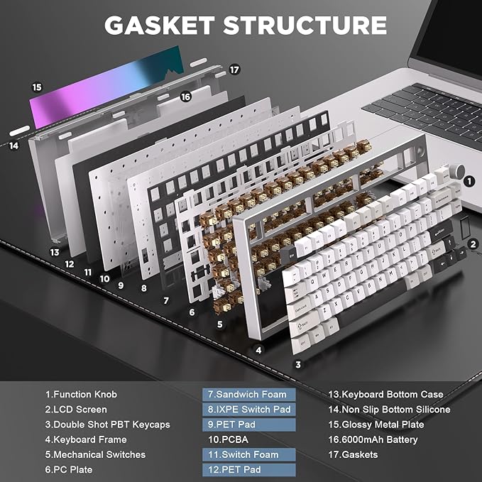 YUNZII AL80 75% Wireless Aluminum Mechanical Keyboard(Silver,Cocoa Cream) | QMK/VIA, Smart LCD Display and Knob, Hot Swap, Gasket Structure, BT/2.4G/USB-C, RGB Keyboard for Gaming/Win/Mac - Image 5
