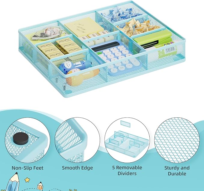 Marbrasse Desk Drawer Organizer, Metal Mesh Drawer Organizer Tray with 5 Adjustable Compartments,Desk Organizers and Accessories for Home,Office,Kitchen,Makeup,Vanity (Blue) - Image 5