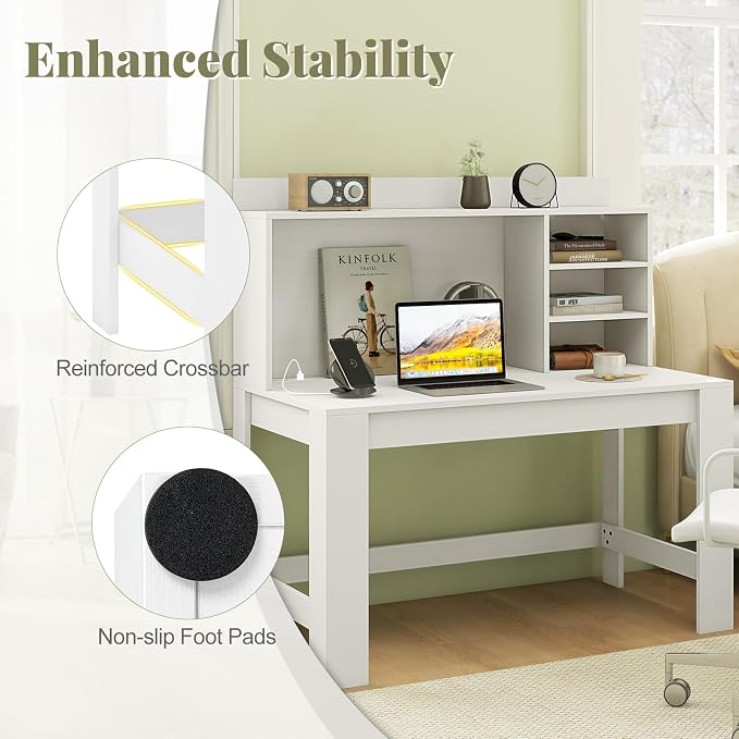 Giantex Computer Desk with Hutch, Modern Home Office Desk with Power Outlets, Storage Shelves & Cable Hole, Makeup Vanity Table, Study Writing Desk for Bedroom Office Small Space, White - Image 6