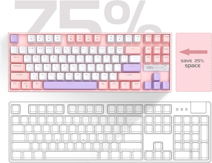MageGee 75% Mechanical Gaming Keyboard, Red Switch, LED Blue Backlit, 87 Keys Compact TKL Wired Computer Keyboards for Windows Laptop PC Gamer - White/Pink - Image 2