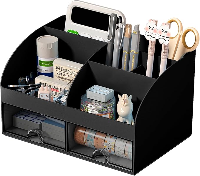 COMFYROOM Desk Organizer with 6 Compartments and 2 Drawers, Plastic Makeup Organizer, Pen Holder for Desktop Storage, Desk Organization for School, Home, Office Supplies (Black) by COMFYROOM