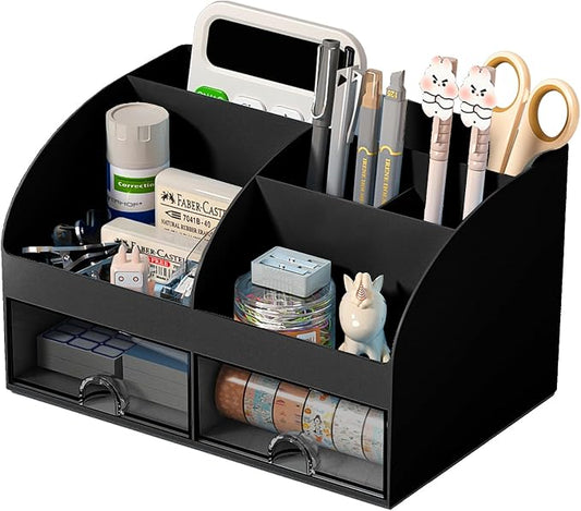 COMFYROOM Desk Organizer with 6 Compartments and 2 Drawers, Plastic Makeup Organizer, Pen Holder for Desktop Storage, Desk Organization for School, Home, Office Supplies (Black) by COMFYROOM