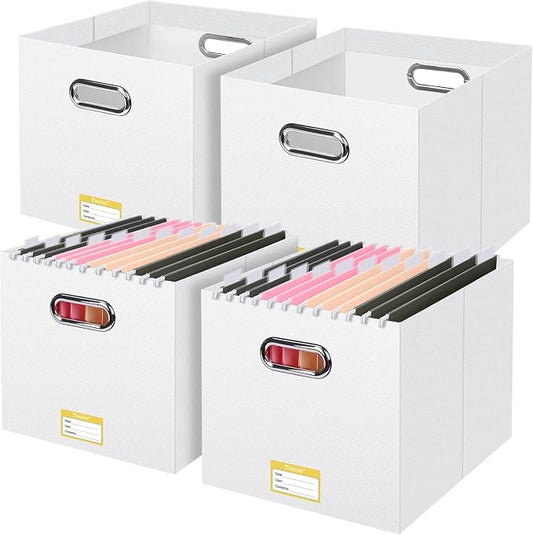 BALEINE File Organizer Box, Cardboard File Folder Organizer with Handle for Letter Size, Portable Collapsible Hanging Filing Box for Home Office Document Storage (4 Pack, Large White) by BALEINE