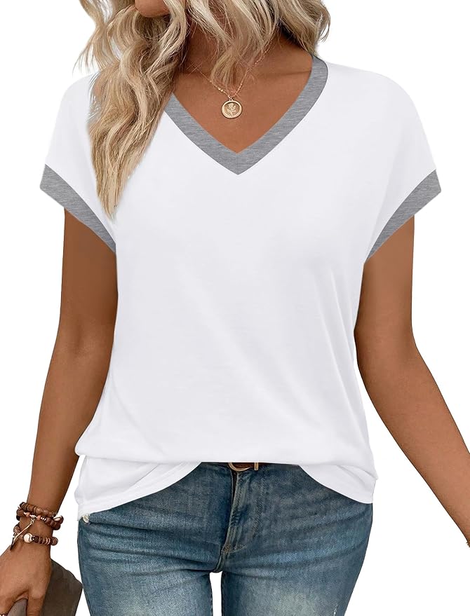 WIHOLL Womens Summer Tops 2026 Cap Short Sleeve Shirs V Neck T Shirts Fashion Beach Vacation Clothes Color Block - Image 2