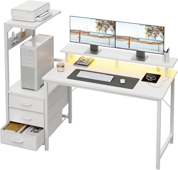 AODK 52 Inch Gaming Desk with USB Charging Ports & LED Light- Reversible Computer Desk with Storage Shelves & Monitor Stand, Modern Gamer Desk Table with Fabric Drawers, White by AODK