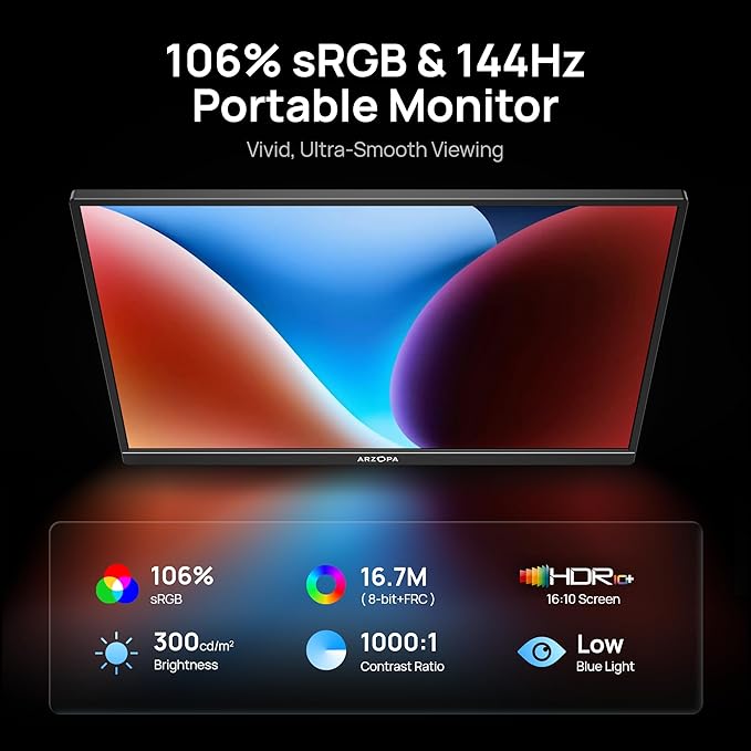 ARZOPA 16.1'' 144Hz Portable Gaming Monitor, 106% sRGB 1080P FHD Kickstand Portable Monitor with HDR, Ultra Slim, Eye Care, External Second Screen for Laptop, PC, PS5, Mac, Xbox-Z1FC - Image 2