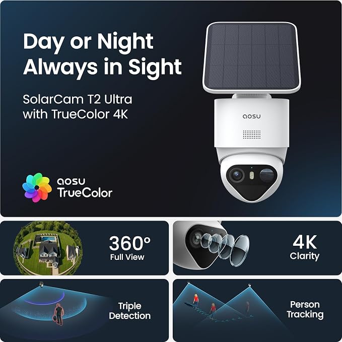 aosu T2 Ultra 4K Security Cameras Wireless Outdoor, TrueColor Night Vision, AI Triple Detection, 360° Auto Tracking, Solar Powered WiFi Camera for Home Security, 1Pack - Image 2