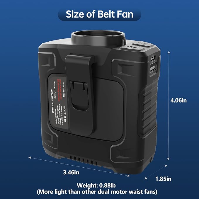 Waist Fan, Dual Motor Belt Fan, 12000mAh Rechargeable Cooler, 75ft/s Turbo Airflow, 17000RPM 5-Speed, Up to 24H Runtime, LED SOS & Red-Blue Warning Light for Jobsite, Farm, Delivery - Image 7