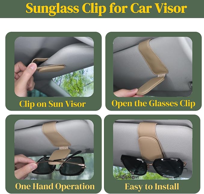 CHOSMOYI Magnetic Leather Sunglass Holder for Car, Sunglasses Clip for Car Visor, Auto Interior Accessories Universal for Different Size Eyeglasses (Beige) - Image 6