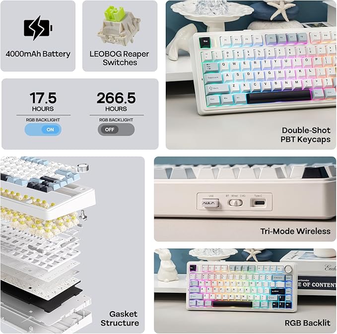 EPOMAKER x Aula F75 Gasket Mechanical Keyboard, 75% Wireless Hot Swappable Gaming Keyboard with Five-Layer Padding&Knob, BT/2.4GHz/USB-C, RGB (Light Blue, Ice Vein Switch) - Image 3