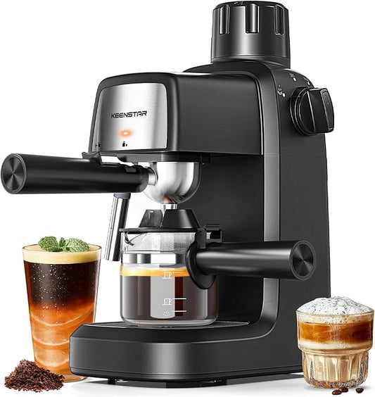 KEENSTAR 3.5Bar Espresso Machine 800W, Compact 4-Cup Espresso Maker Preheat | Fast Heating, Milk Frother Steam Wand, Espresso and Cappuccino Machine for Cappuccino or Latte Black by KEENSTAR