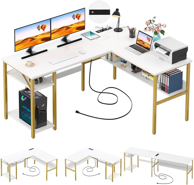 Unikito Reversible L Shaped Desk with Magic Power Outlets and USB Charging Ports, Sturdy Corner Computer Desk with Storage Shelves, Gaming Table Home Office Desk, Easy to Assemble, White and Gold by Unikito