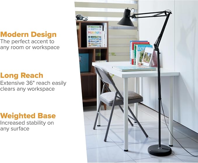 Bostitch Office VLF100F Swing Arm Metal Floor Lamp, 72" Tall with Multi-Joint Adjustment, Includes Replaceable LED Bulb (VLF), Black - Image 3