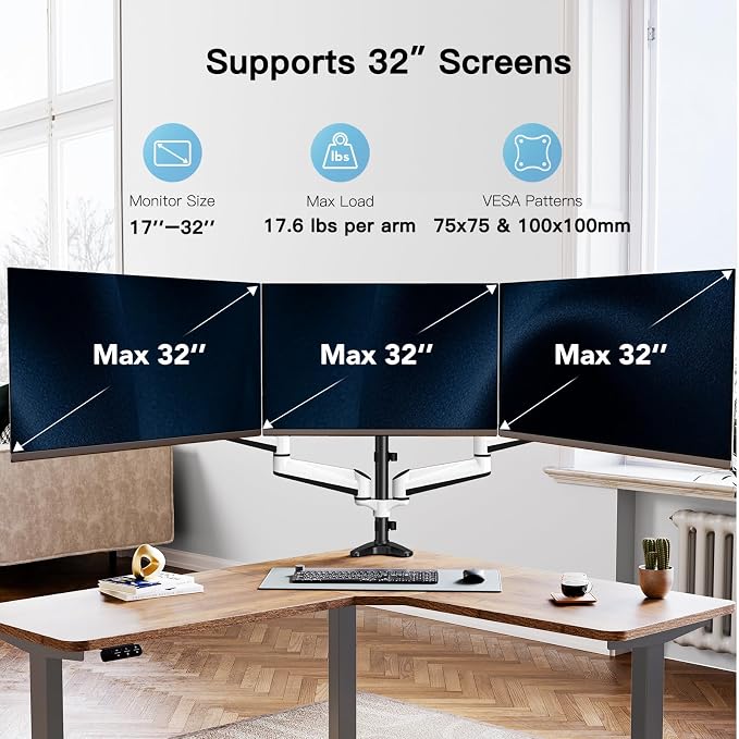HUANUO Triple Monitor Stand - Full Motion Articulating Monitor Mount Fit Three 17 to 32 inch LCD Computer Screens with Clamp, Grommet Kit - Image 2