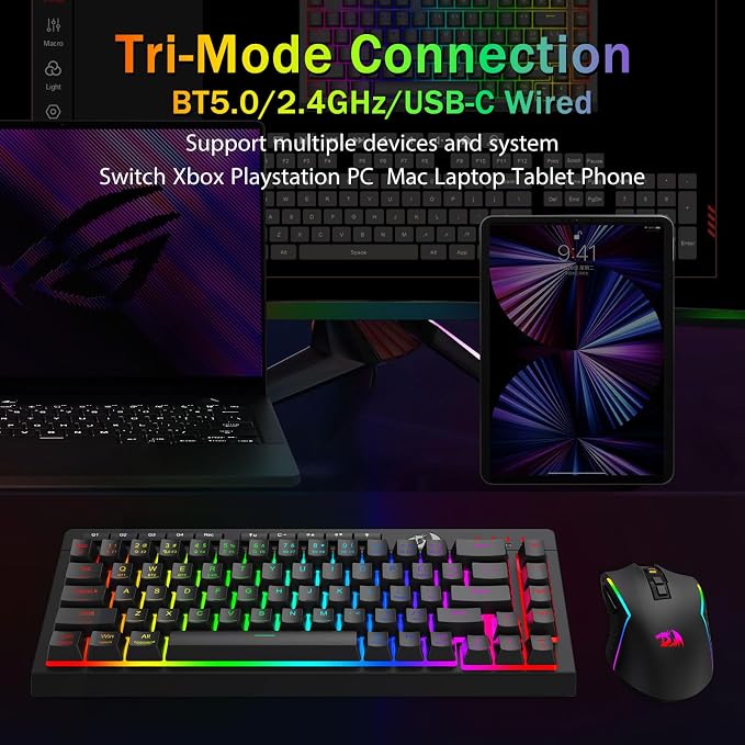 Redragon Wireless Gaming Keyboard, RGB Backlit, Portable 60% Design, Black | Bluetooth/2.4GHz/USB-C Wired, Mini Quiet Macro Membrane Keyboard, Rechargeable 4000mAh Battery, Anti-Ghosting for Win/MAC - Image 3
