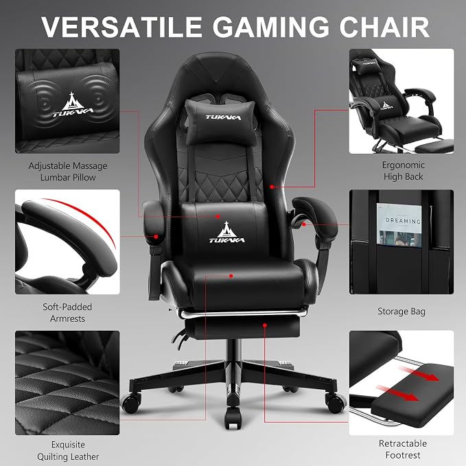 Gaming Chair,Ergonomic Massage Office Desk Chair with Footrest,Black | Pocket Spring Cushion,Reclining,Thick High Back,Headrest and Lumbar Support,Adjustable Leather Computer Chair Gamer Chair - Image 5