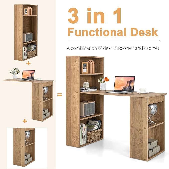 Tangkula Computer Desk with Bookshelf, Writing Study Desk with Storage Shelves & CPU Stand, Modern Compact Computer Workstation for Home & Office, Space-Saving Design(Natural) | Natural Wood Desk w/Storage Shelves & CPU Stand, Space-Saving Design Writi... - Image 5
