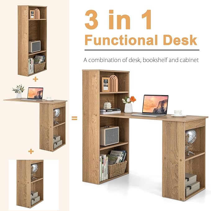 GRAFFY Computer Desk with 6 Storage Shelves - 48" Reversible Writing Desk Workstation with Bookshelf and CPU Stand, Modern Compact Office Desk for Bedroom, Study, Home, Office (Natural) - Image 6