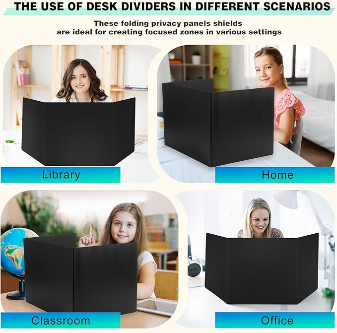 2Pack Black Desk Dividers for Student, Waterproof Plastic Privacy Folders for Classroom Students, Foldable Study Carrels Teacher Supplies, Easy-Clean Testing Dividers for Exam, Office & Library Focus - Image 5