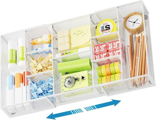 Marbrasse Expandable Desk Drawer Organizer, Mesh Drawer Organizer Tray with 10 Adjustable Compartments, Desk Organizers and Accessories for Office Supplies (Longer Expandable Drawer Organizer-W) by Marbrasse