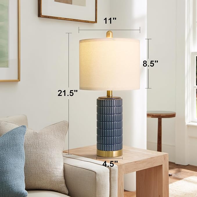 PoKat 21.5'' Bedside Table Lamps Set of 2 with USB A+C Ports for Living Room, Ceramic Modern Lamps for Bedroom, Small Nightstand Lamps for Office Guest Room Hallway Sideboard Gift Decor (Blue) - Image 8