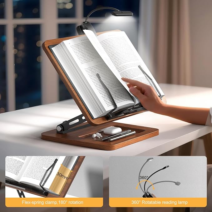 OPTIXCELL Book Stand with Light, Hands Free Book Holder, Gifts Book Lovers | Hands Free, Adjustable Height Angle, Built-in Storage Tray, 3-Mode Reading Light, Foldable Metal Frame, Fits Cookbook Tablet - Image 7