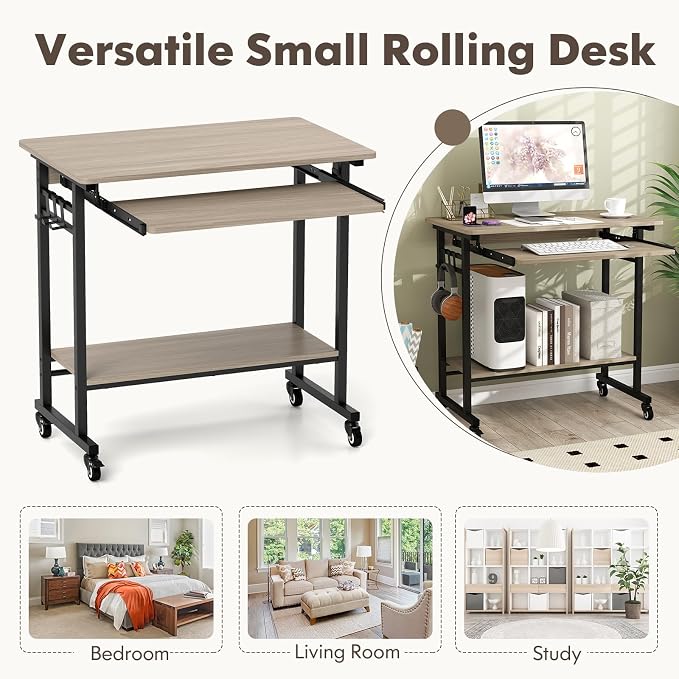 Tangkula Rolling Computer Desk Cart with Keyboard Tray, Mobile Portable Laptop PC Desk with CPU Stand & 3 Hooks for Sofa & Bed, Compact Small Desk on Wheels for Small Spaces (Grey) - Image 9