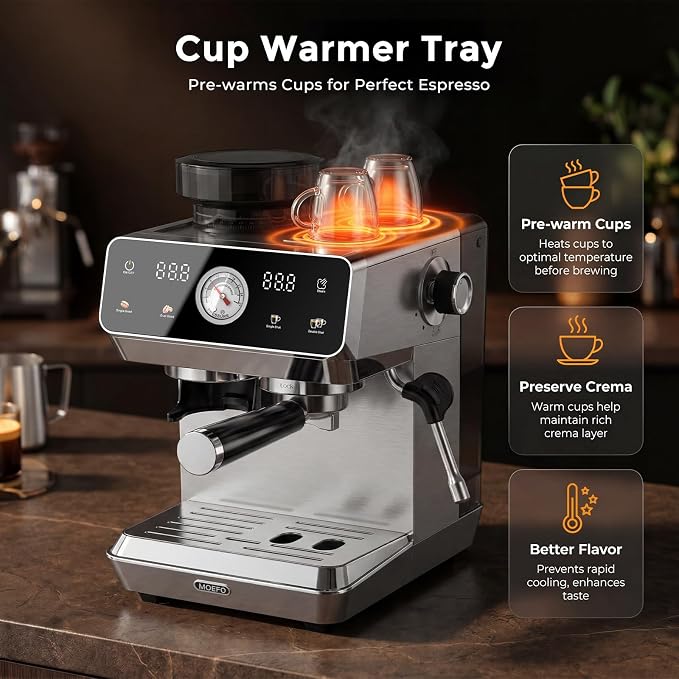 Espresso Machine with Grinder, 20-Bar Programmable Semi-Automatic Coffee Maker, Visual Pressure Gauge & Touchscreen, Compact Design with Tamper, Make Americano, Latte, Cold Brew, Silver - Image 5
