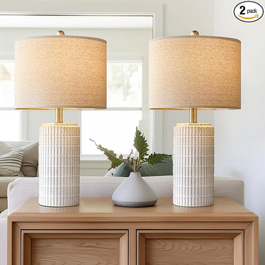PoKat 23" Modern Ceramic Table Lamp Set of 2 for Living Room White Desk Lamps for Bedroom Farmhouse Bedside Nightstand Lamp House Warming Gifts New Home Decor End Table Lamps Gifts for Women Mom Beige by Pokat