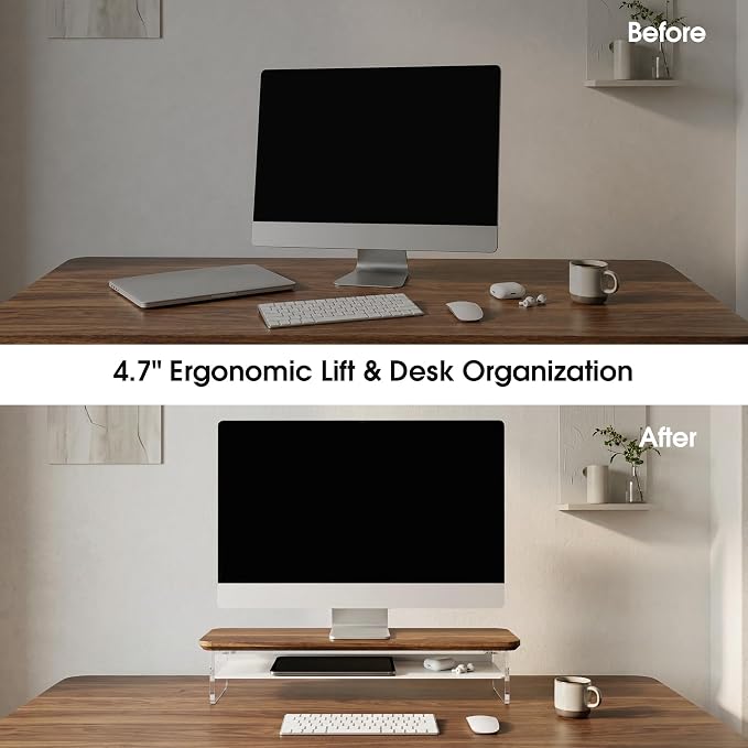 Fenge 23.6" Monitor Stand with Clear Acrylic Legs, Brown | Clear acrylic, storage compartment, 2-tier home office monitor riser, wide large desktop shelf fit monitor/laptop/printer - Image 6