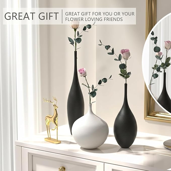 Relexome Black and White Ceramic Vase Modern Wabi-Sabi Flower Vase Set of 3 Decorative Aesthetic Vases for Centerpieces Matte Minimalist Vases for Living Room Table Shelf Home Decor Gift - Image 8