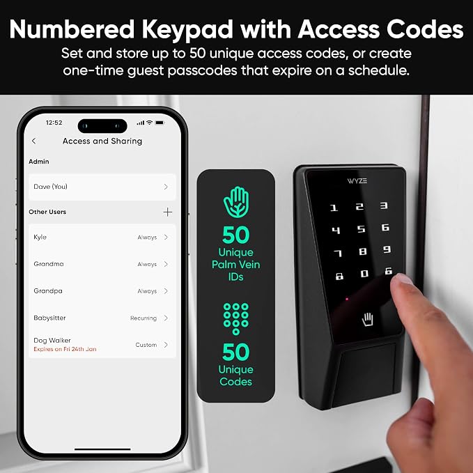 Wyze Palm Lock, Smart Door Lock with Palm Vein Recognition, Keyless Entry Smart Locks for Front Door, Keypad, Auto Lock, Dual Battery, Wi-Fi, Works with Alexa & Google, BHMA, IP53, Mechanical Key - Image 4