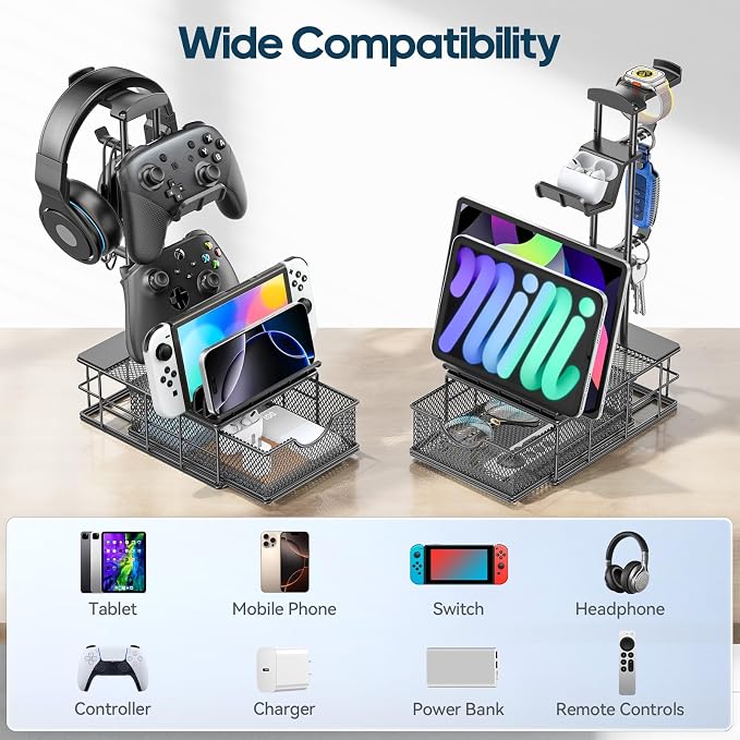 KDD Headphone Stand with Drawer - Headset & Controller Holder for Desk - Aluminum Supporting Bar Earphone Stand with Cable Organizer - Universal Gaming PC Accessories Storage - Image 6