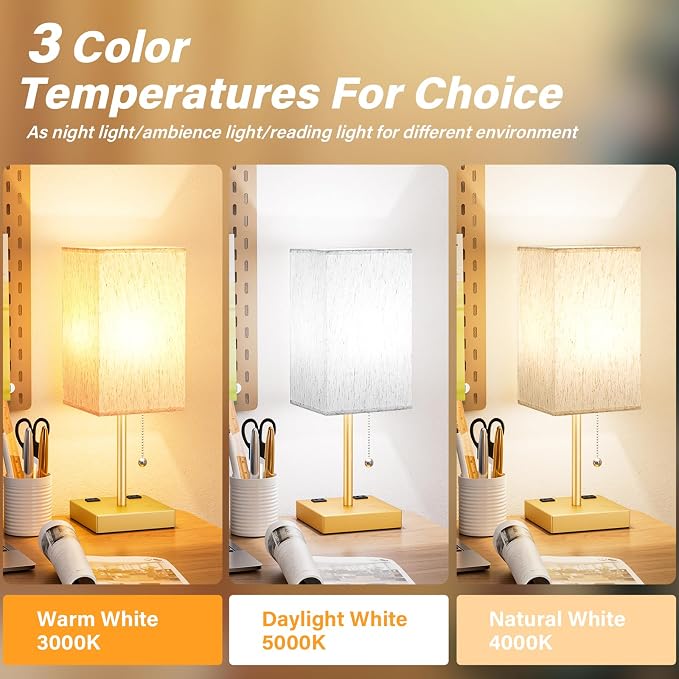 Gold Bedside Lamp for Bedroom - 3 Color Temperatures, USB A+C, 2 AC Outlets | Pull Chain Switch, LED Bulb Included, Cream Fabric Shade, 17.4" Table Lamp for Nightstand, Desk, Living Room, Office - Image 2