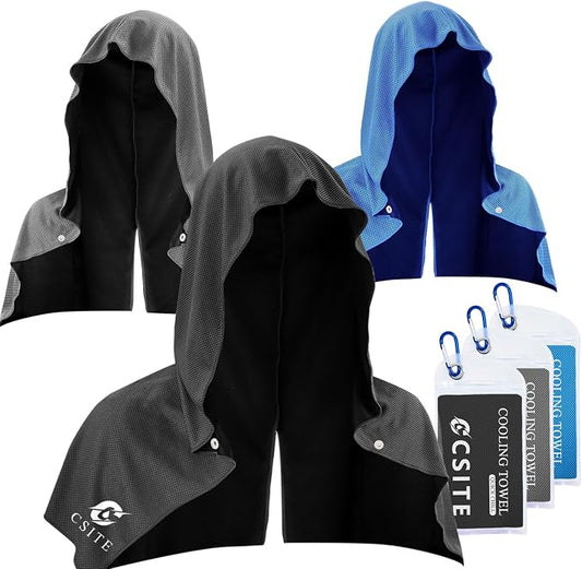 CSITE 3 Pack Cooling Hoodie Towels for Neck and Face, UPF 50 Sun Protection & Instant Cooling, Ice Towels for Hot Weather, Soft Breathable Towel for Sport, Work Out, Gym, Camping & More Activities by CSITE