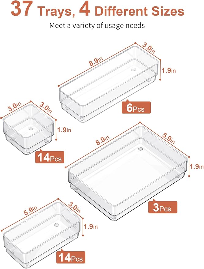 SMARTAKE 37 PCS Drawer Organizer 4 Size Desk Makeup Drawer Organizer Clear | Storage Trays with Non Slip Silicone Pads for Makeup , Jewelries, Utensils in Bedroom Dresser, Office, Kitchen and Bathroom - Image 2