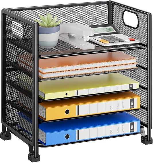 Simple Trending 5-Tier Paper Tray Organizer, File Organizer for Desk, Black | Letter Tray Holder with Handle. Sturdy Metal Frame. Non-slip Feet. Black for Office Home School. 13.25"L x 9.25"W x 13"H by SimpleTrending