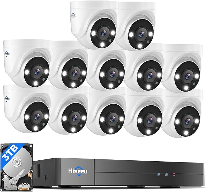 Hiseeu 12 Channel Wired Security Camera System with Smart Dual Light | Audio,Person/Vehicle Detection,121°Wide View,5MP DVR,12PCS 5MP IP67 Outdoor CCTV Cameras,3TB HDD for 24/7 Surveillance by Hiseeu