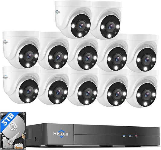 Hiseeu 12 Channel Wired Security Camera System with Smart Dual Light | Audio,Person/Vehicle Detection,121°Wide View,5MP DVR,12PCS 5MP IP67 Outdoor CCTV Cameras,3TB HDD for 24/7 Surveillance by Hiseeu