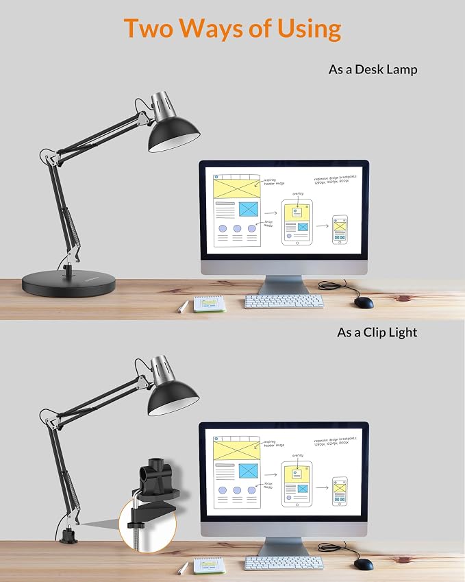 LEPOWER Metal Adjustable Desk Lamp with Clamp, Swing Arm for Home Office | Gooseneck, Architect Style, Eye-Caring Table Lamp, On/Off Switch, E26 Base, Reading for Dorm, Bedroom, Study, Back to School - Image 4