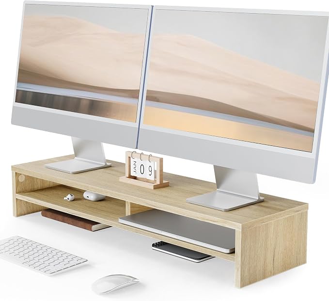 Fenge 31.5 Inch Dual Monitor Stand Riser for Desk, Oak | Wooden Desk Shelf, 2-Tier Open Storage Compartment, for PC Laptop Screen Printer, Home Office Desktop Organizer by Fenge