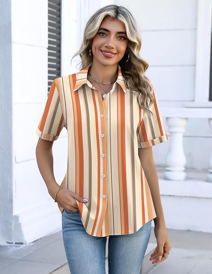 Zeagoo Button Down Shirts for Women Short Sleeve Collared Tops Dressy Casual V Neck Blouses - Image 5