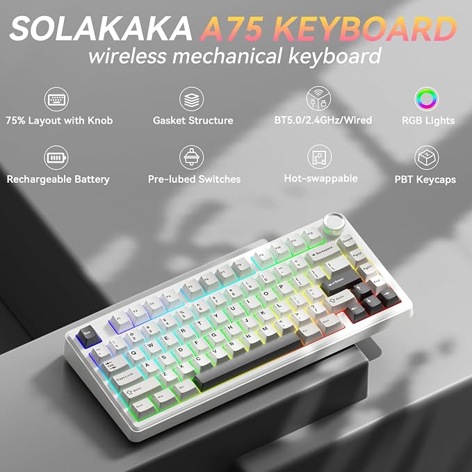 SOLAKAKA A75 75% Wireless Mechanical Keyboard, Hot Swappable Gaming Keyboard with Multifunction Knob & RGB, Gasket Mounted Creamy Keyboard, PBT Keycaps, Compact Layout for Win/Mac/PC - Image 2