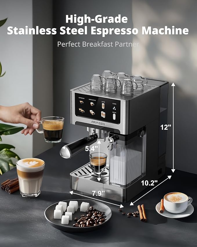 AIRMSEN 20 Bar Espresso Machine with Automatic Milk Frother, Cappuccino & Latte Coffee Maker with Quick Brew Dual Boiler (1350W + 1000W), Stainless Steel, 60oz Water Tank, Touchscreen - Image 6