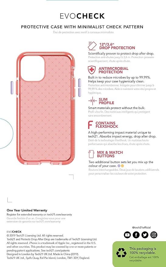 tech21 Evo Check Phone Case for Apple iPhone 11 Pro with 12 ft. Drop Protection Coral - Image 5