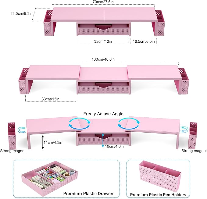 Spacrea Metal Desk Organizers and Accessories, Dual Monitor Stand Riser with Drawer and 2 Pen Holders, Desk Accessories & Workspace Desktop Organizers for Office Supplies (Pink) - Image 5