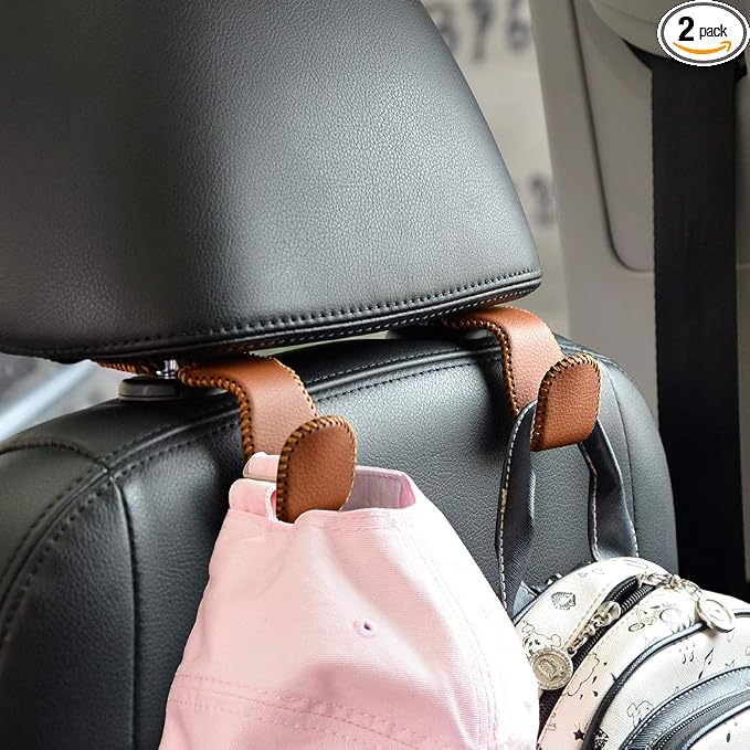 Car Hooks Universal Car Vehicle Back Seat Headrest Hanger Holder Hook Microfiber Leather & Stainless Steel for Bag Purse Cloth Drink Grocery (Brown) by Unknown