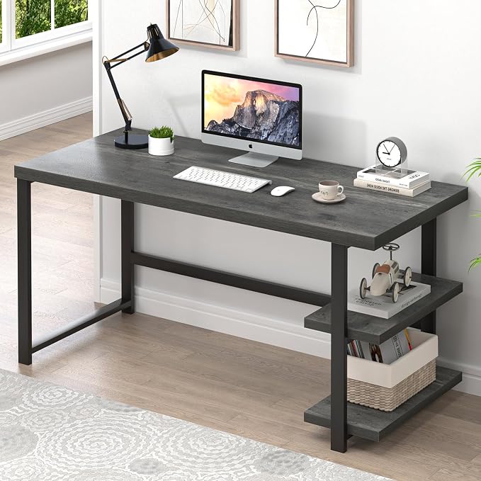 EXCEFUR Industrial Computer Desk, Home Office Desk with Storage Shelves, Wood Study Writing Table for Bedroom, Living Room, Grey, 53 Inch by EXCEFUR